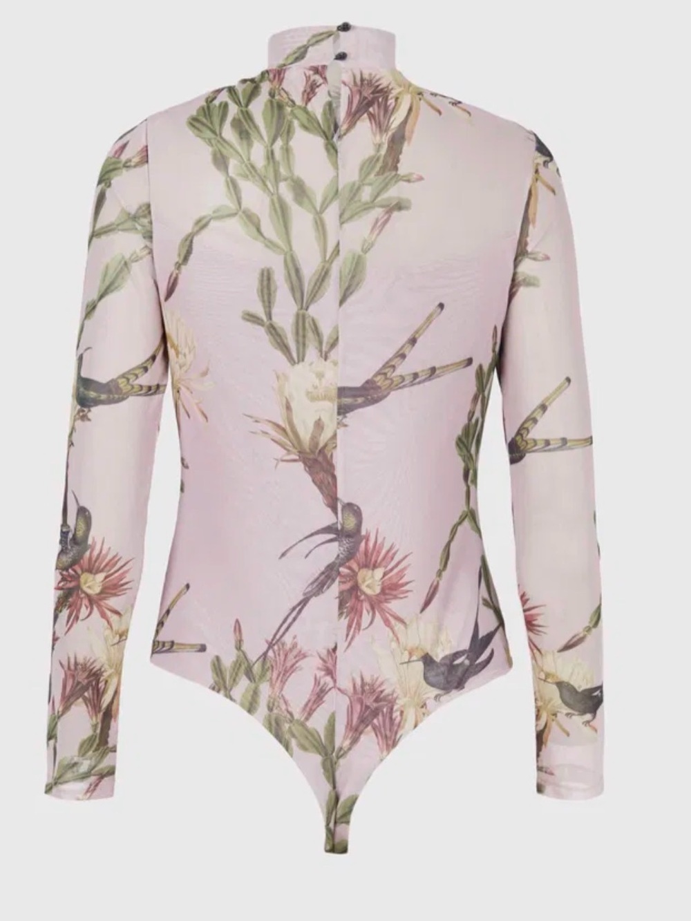 AllSaints Pink Sheer Floral & Bird Mock Neck Long Sleeve Bodysuit - Picture 4 of 14